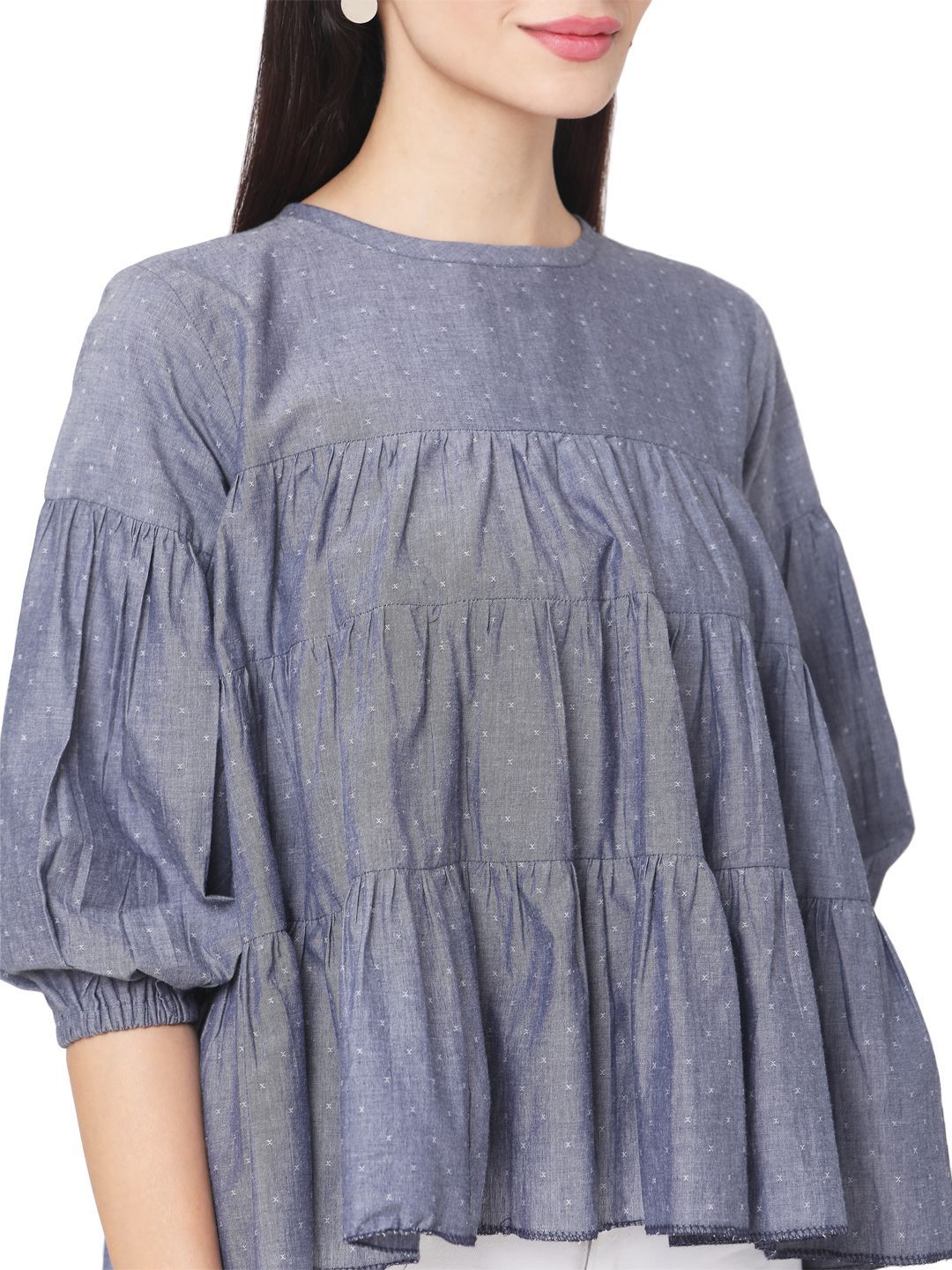 Dhimhi Women's Print Puff Sleeve Cotton Peplum Top