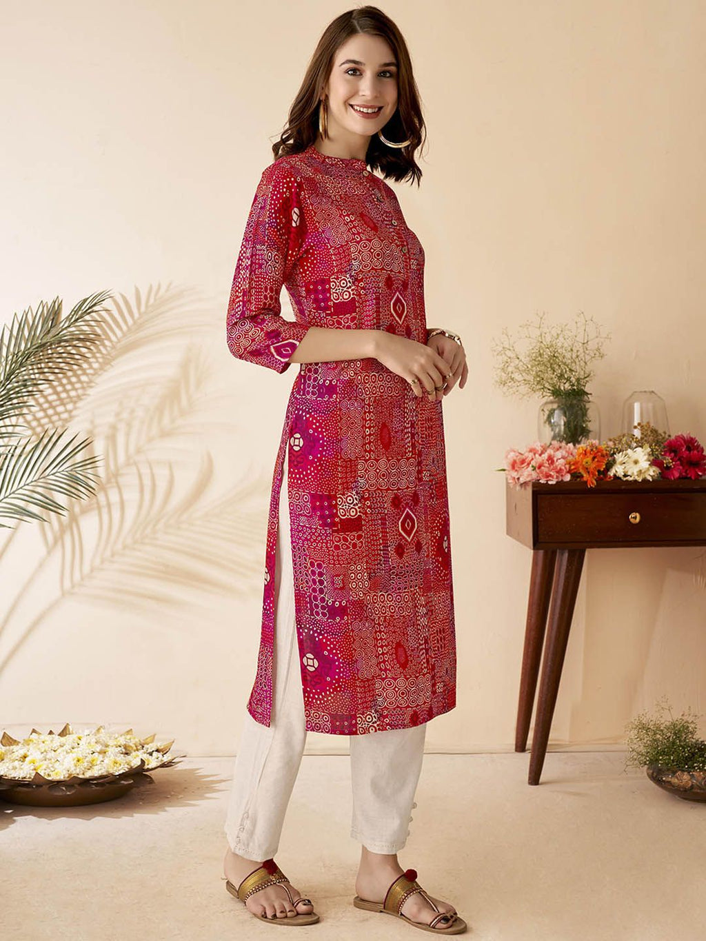 Abstract Printed Band Collar Straight Kurta