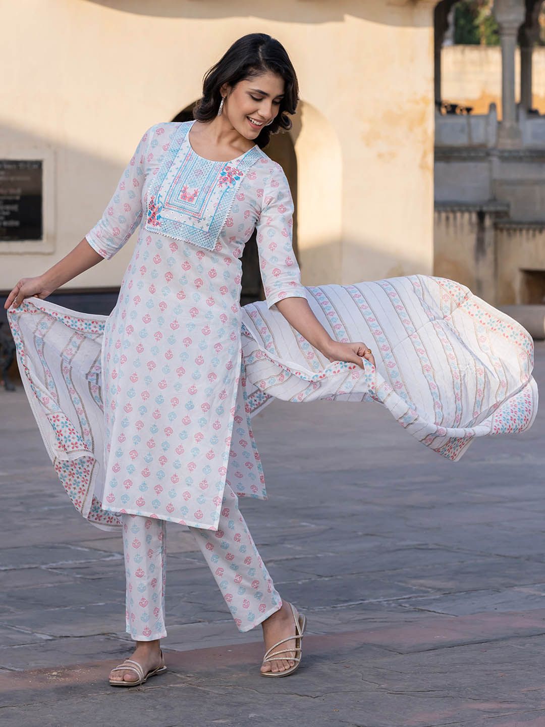 Dhimhi Women's Ethnic Motifs Embroidered Regular Pure Cotton Kurta with Trousers & With Dupatta