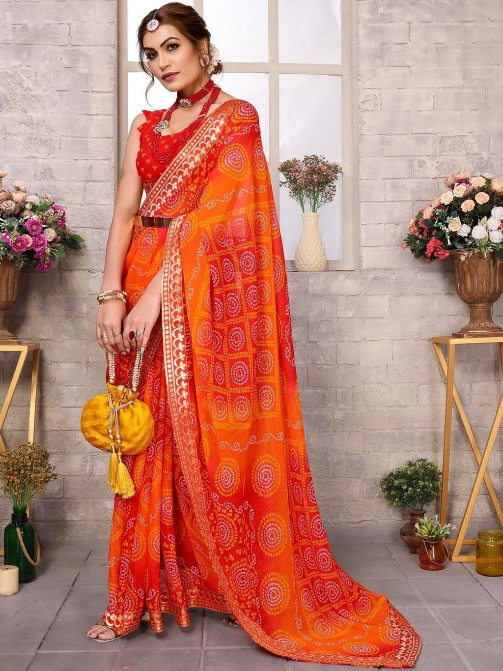 Dhimhi Women's Women Pure Georgette Bandhani Printed Gotta Patti Bandhani Saree
