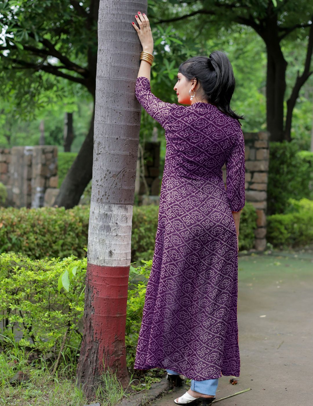 Bandhani Printed Mandarin Collar Sequins Front Slit Georgette A-Line Kurta