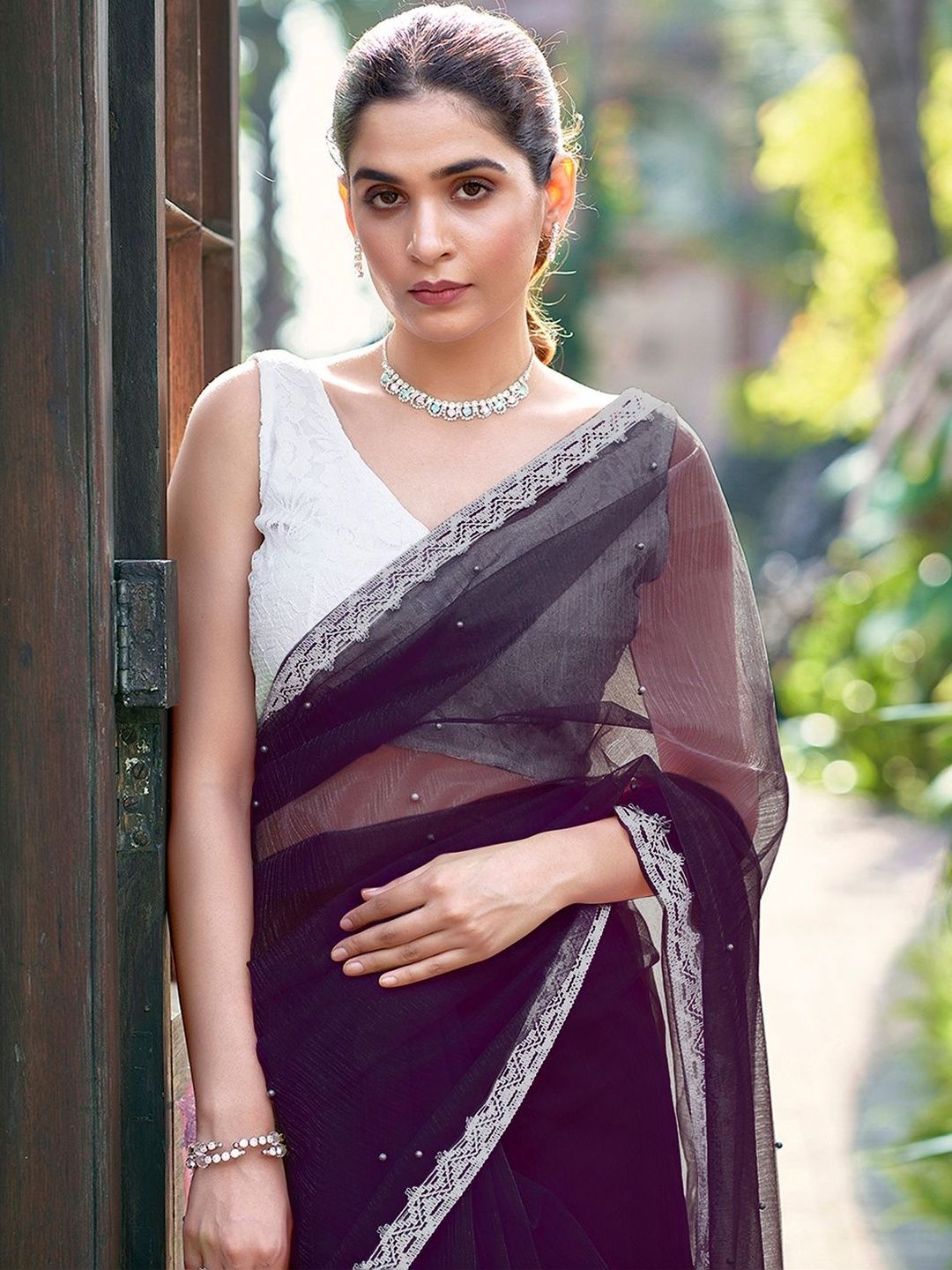 Dhimhi Women's Embellished Beads and Stones Supernet Saree