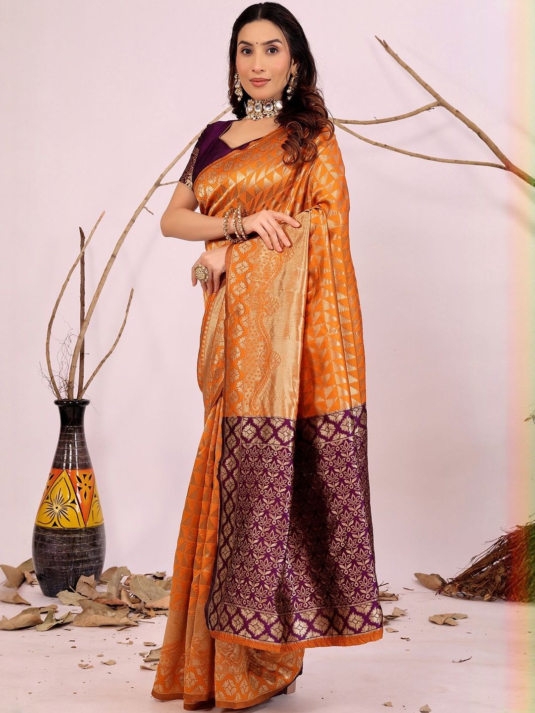 Dhimhi Women's Orange Woven Design Silk Cotton Kanjeevaram Sarees