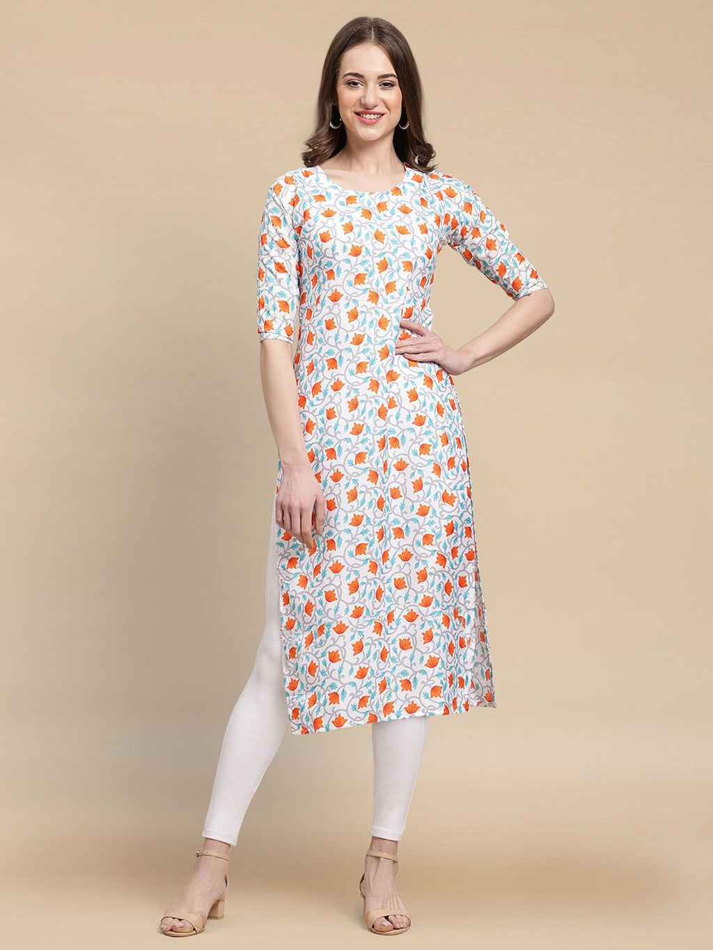Floral Printed Round Neck Straight Kurta