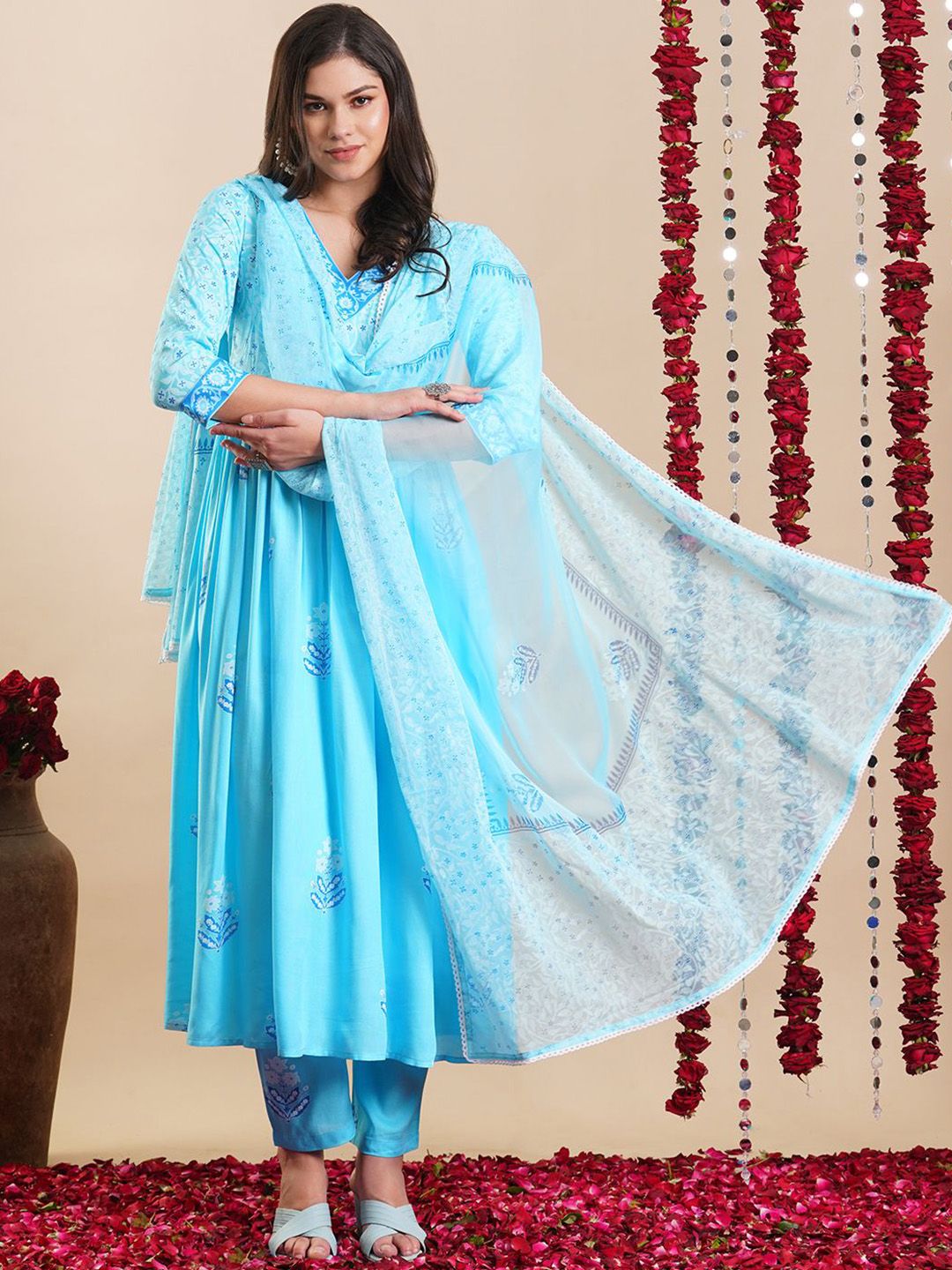 Dhimhi Women's Floral Printed Regular Anarkali Kurta with Trousers & Dupatta