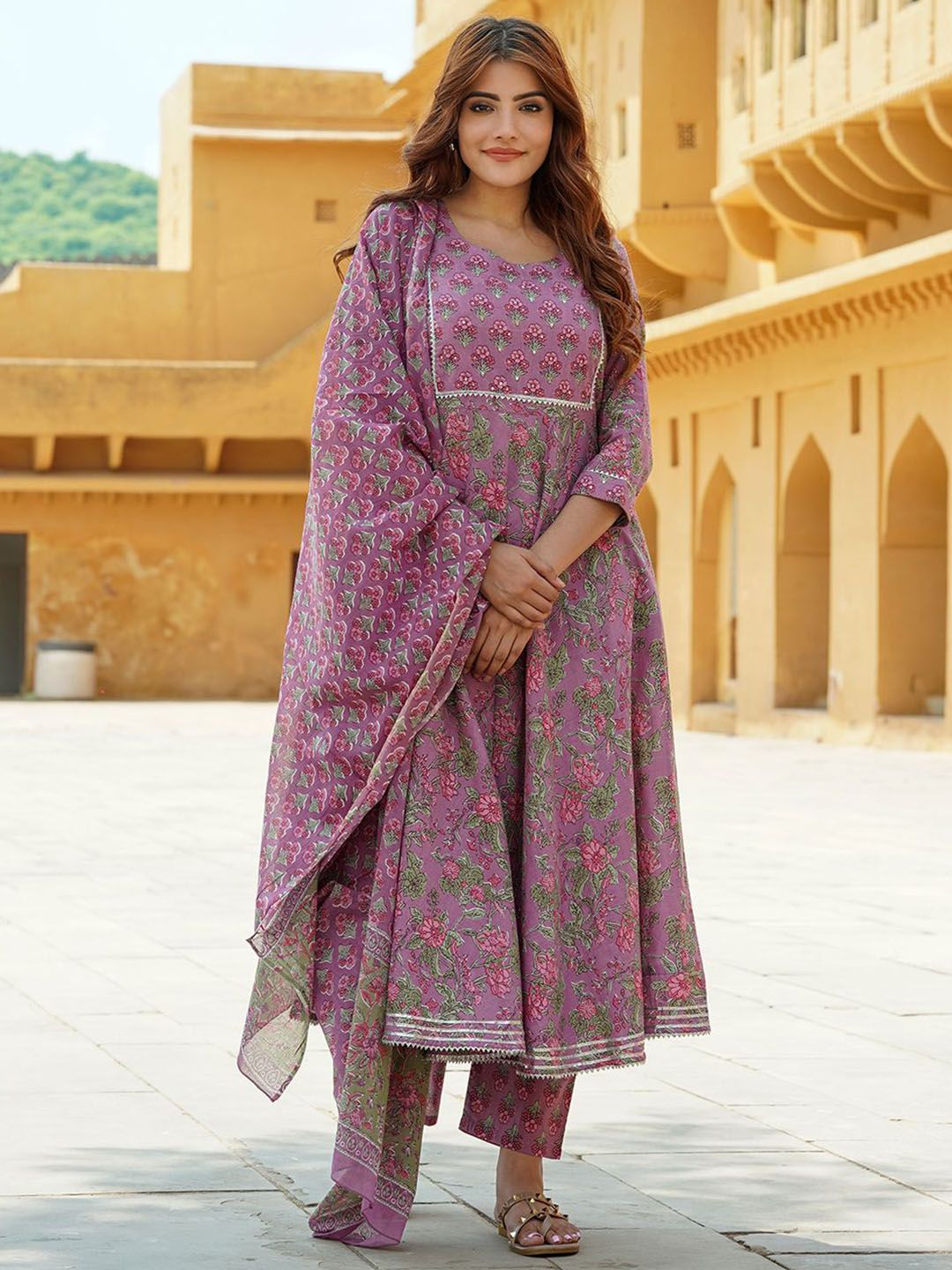 Dhimhi Women's Floral Printed Gotta Patti Pure Cotton Anarkali Kurta With Trousers & Dupatta