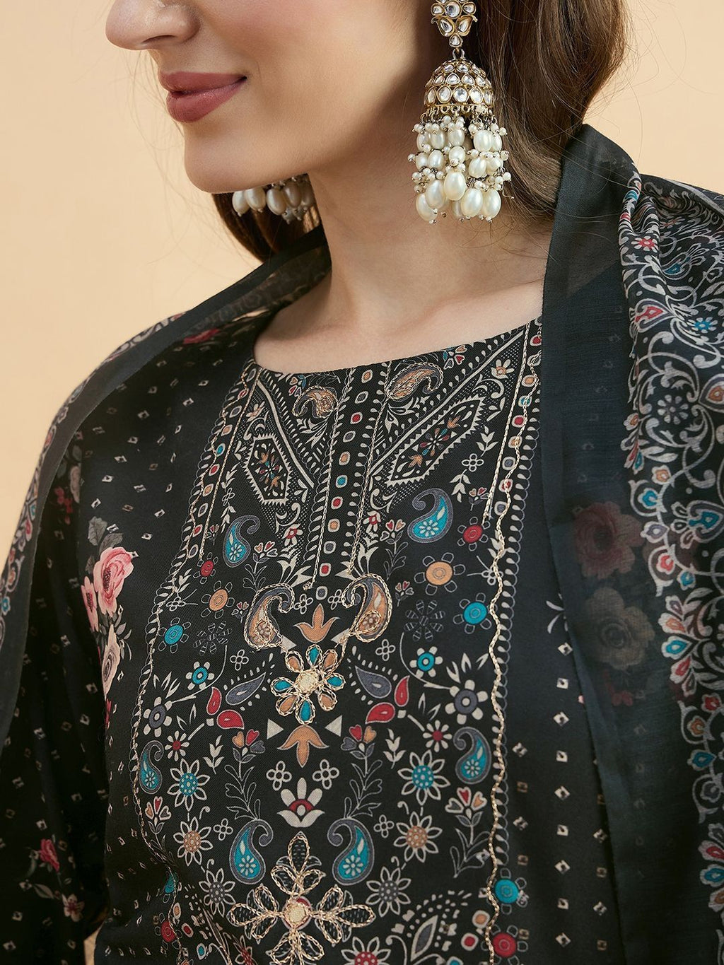 Dhimhi Women Aari Hand Work Digital Printed Kurta with Trousers & Dupatta