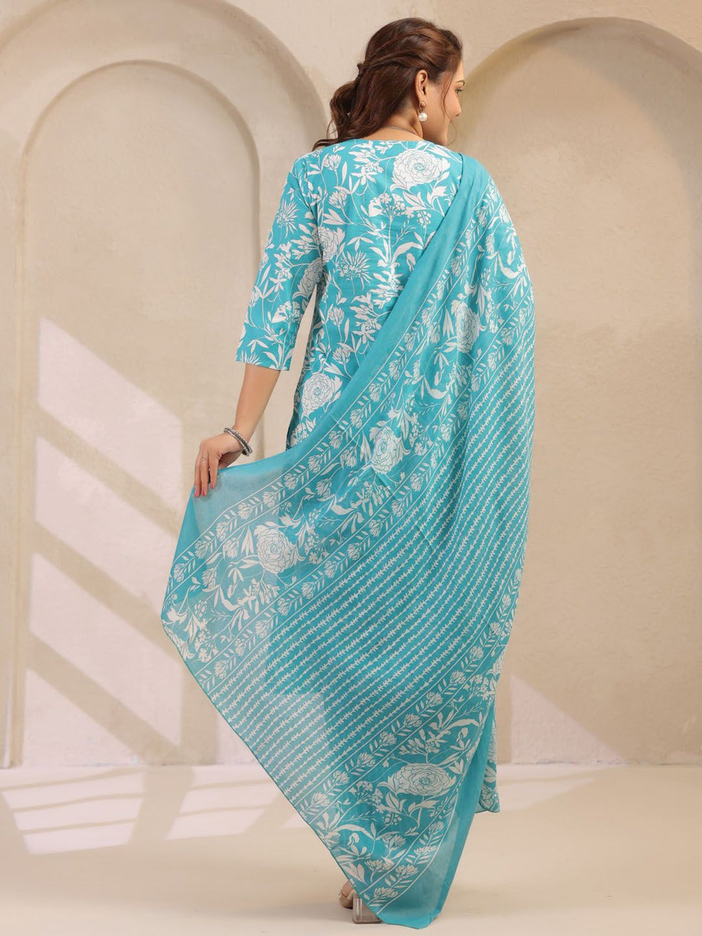 Dhimhi Women's Floral Printed Cotton Kurta with Trousers & Dupatta