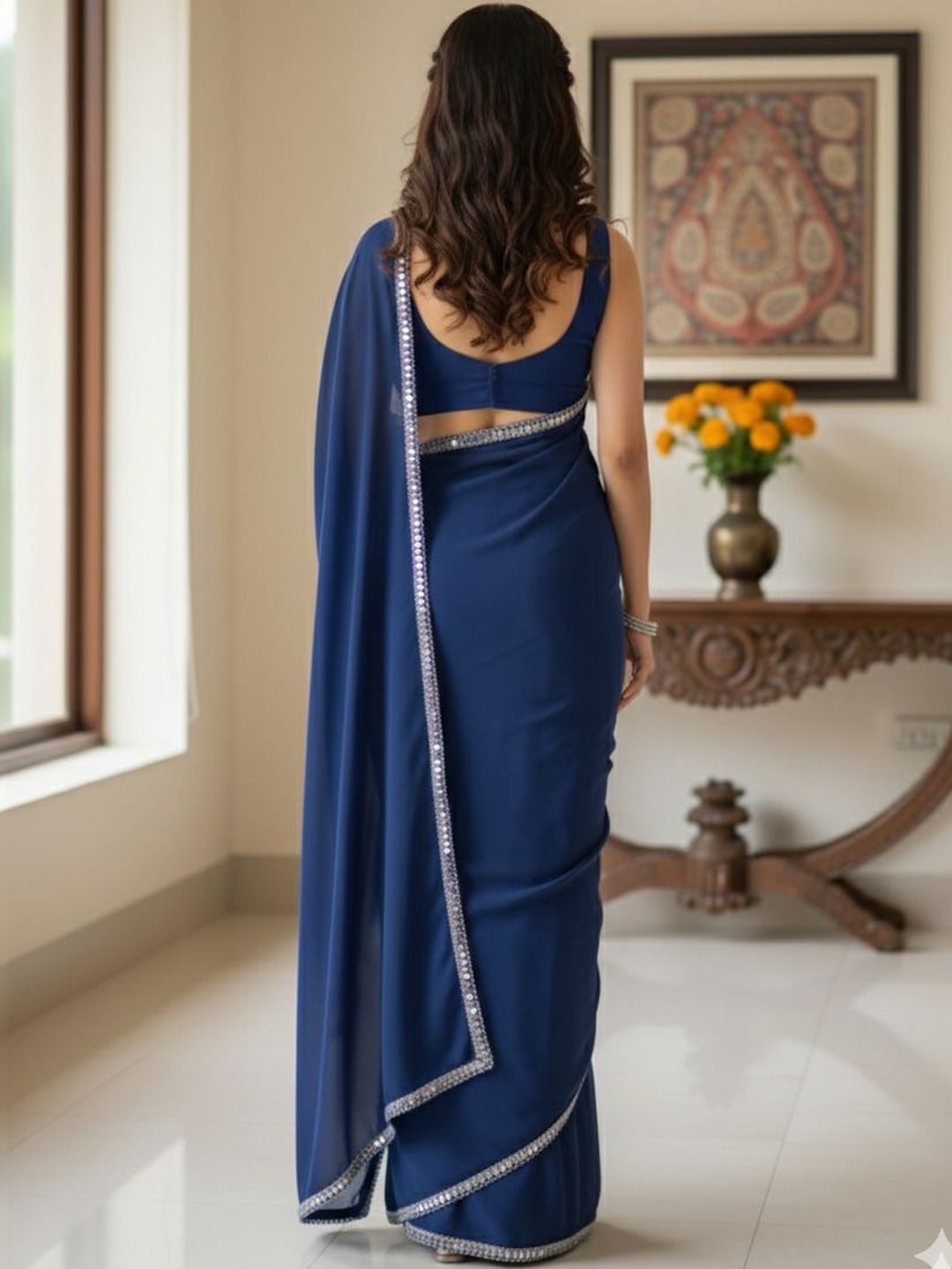 Dhimhi Women's Mirror Work Pure Georgette Banarasi Saree