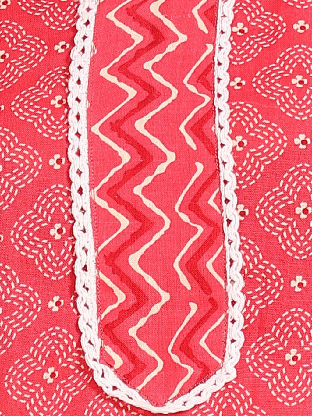 Dhimhi women's geometric printed round neck Kurti set with matching trousers and dupatta, featuring a straight design and vibrant pattern.
