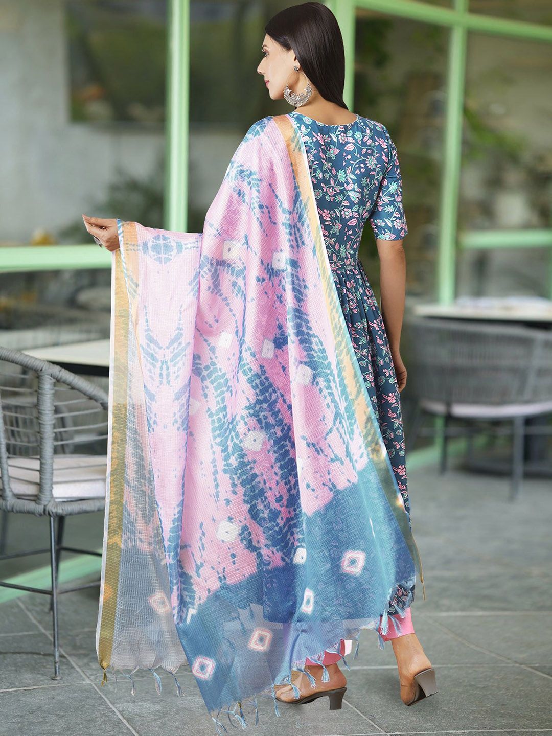 Dhimhi Women's Floral Printed Pleated Kurta with Trouser & Dupatta