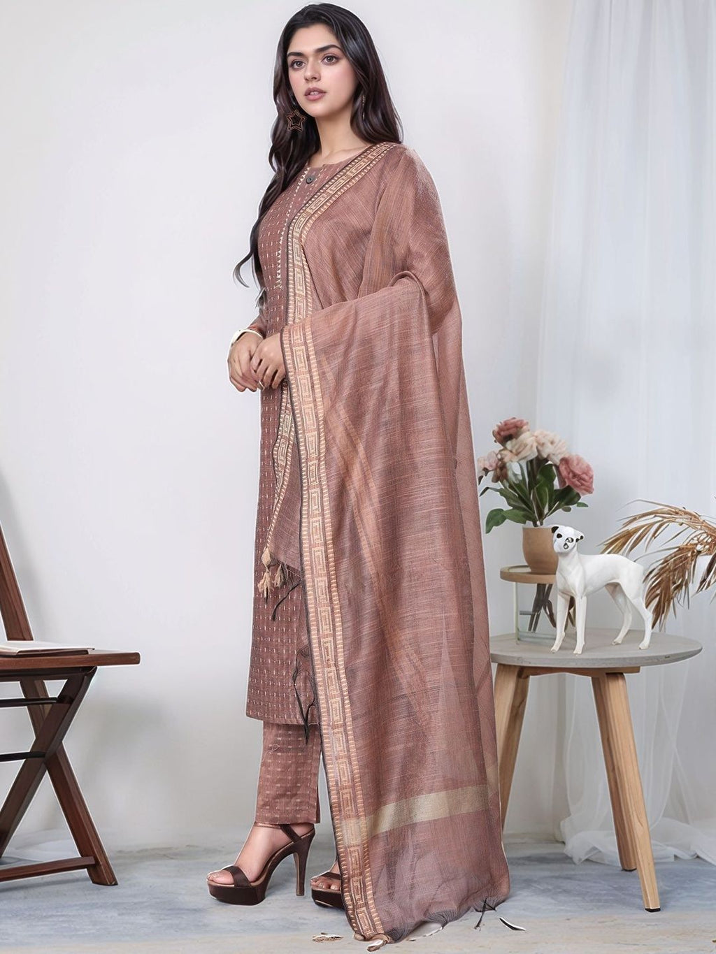 Dhimhi Women's Regular Thread Work Kurta with Trousers & With Dupatta