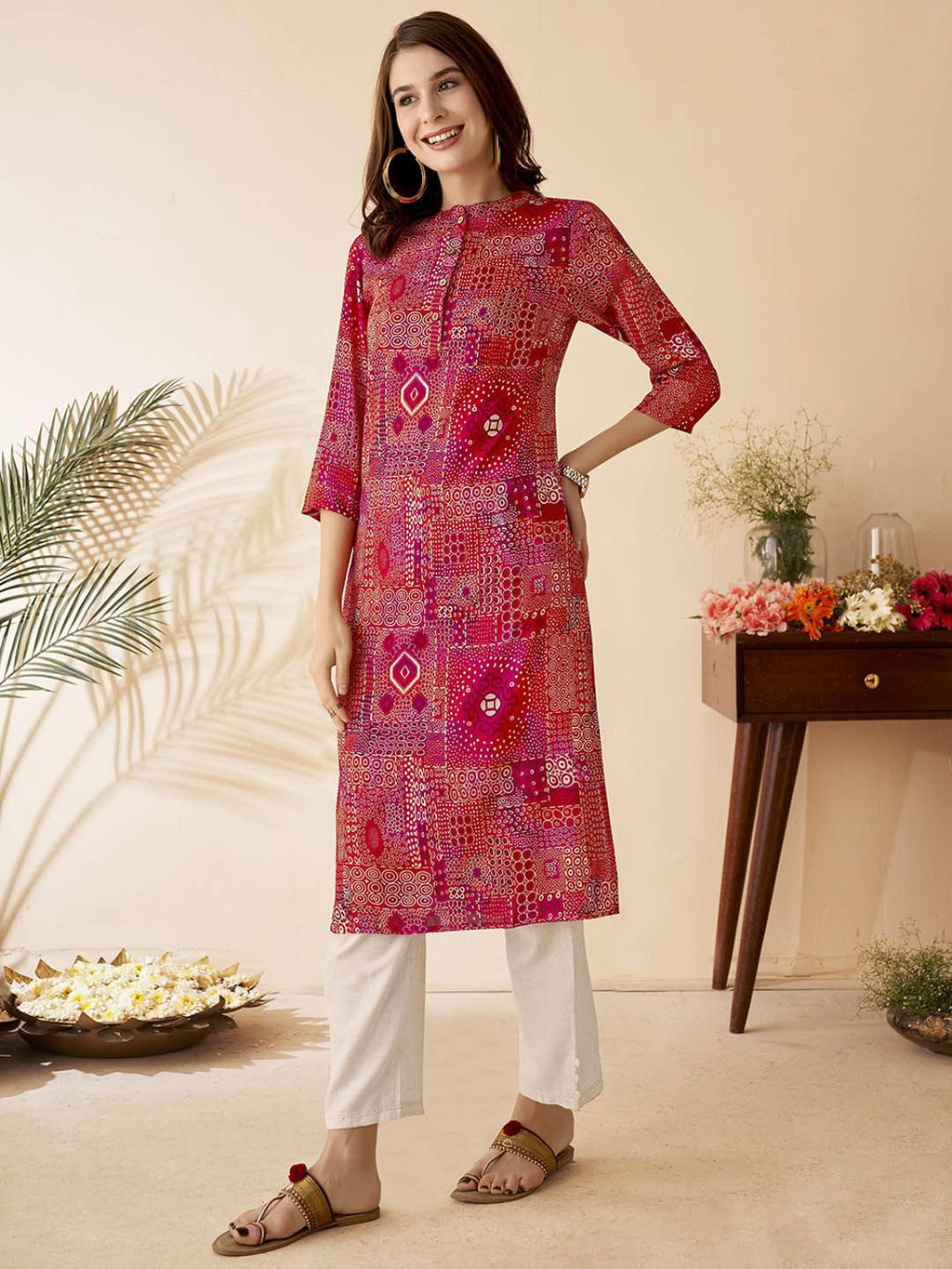 Abstract Printed Band Collar Straight Kurta