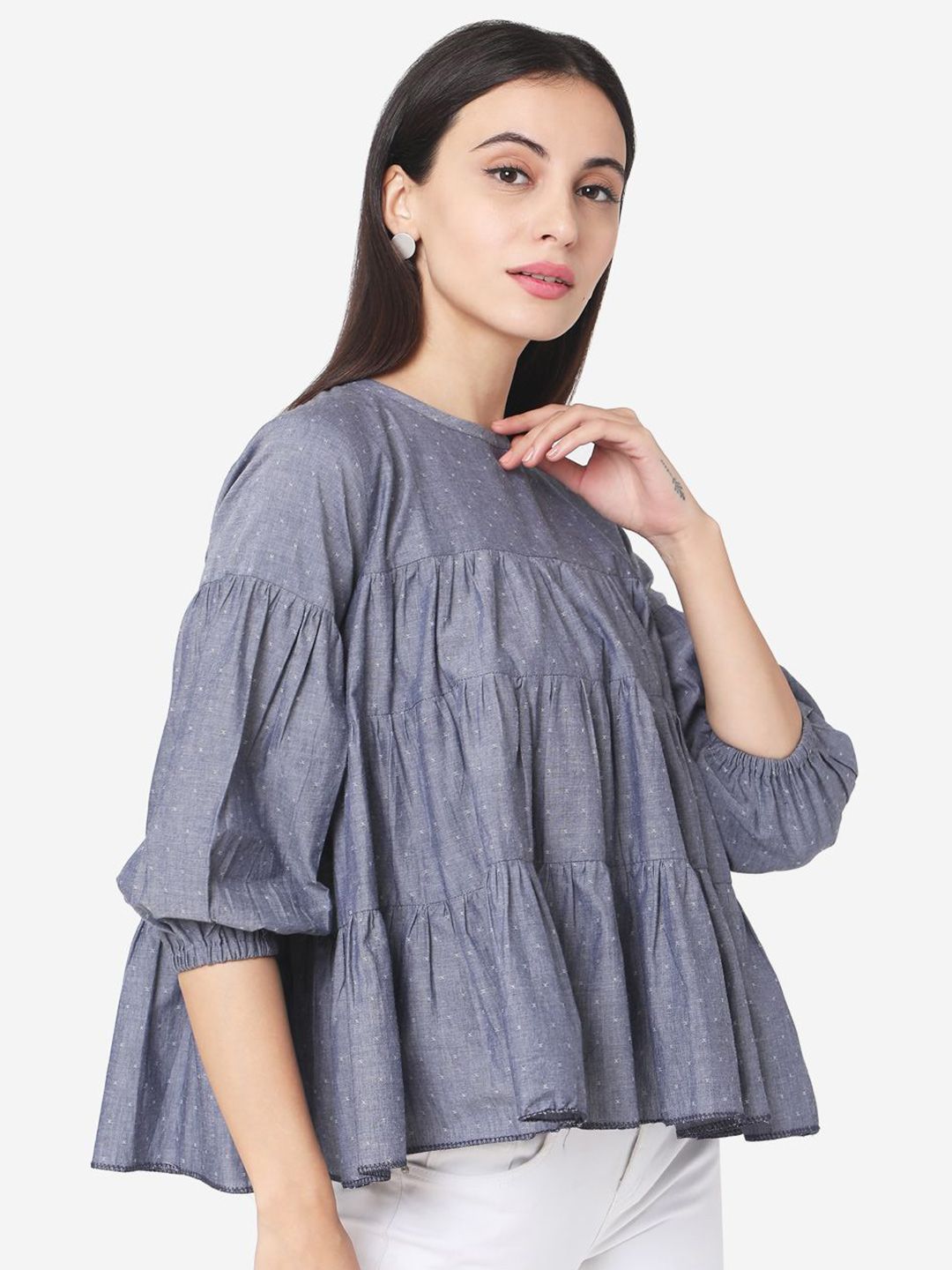 Dhimhi Women's Print Puff Sleeve Cotton Peplum Top