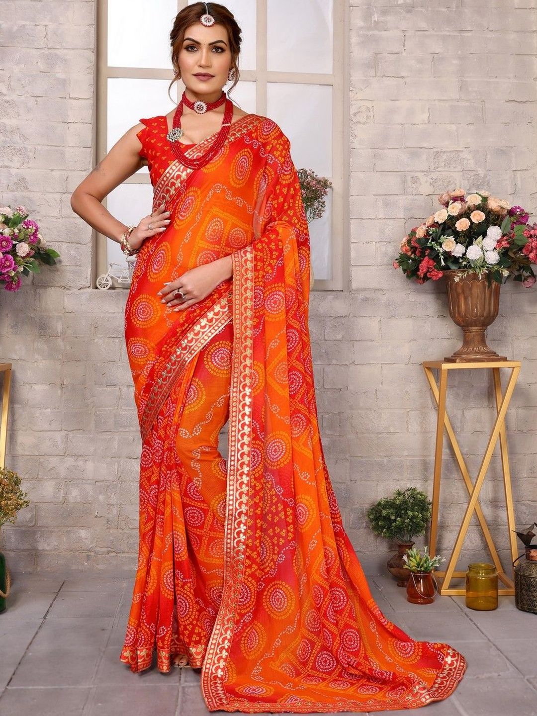 Dhimhi Women's Women Pure Georgette Bandhani Printed Gotta Patti Bandhani Saree