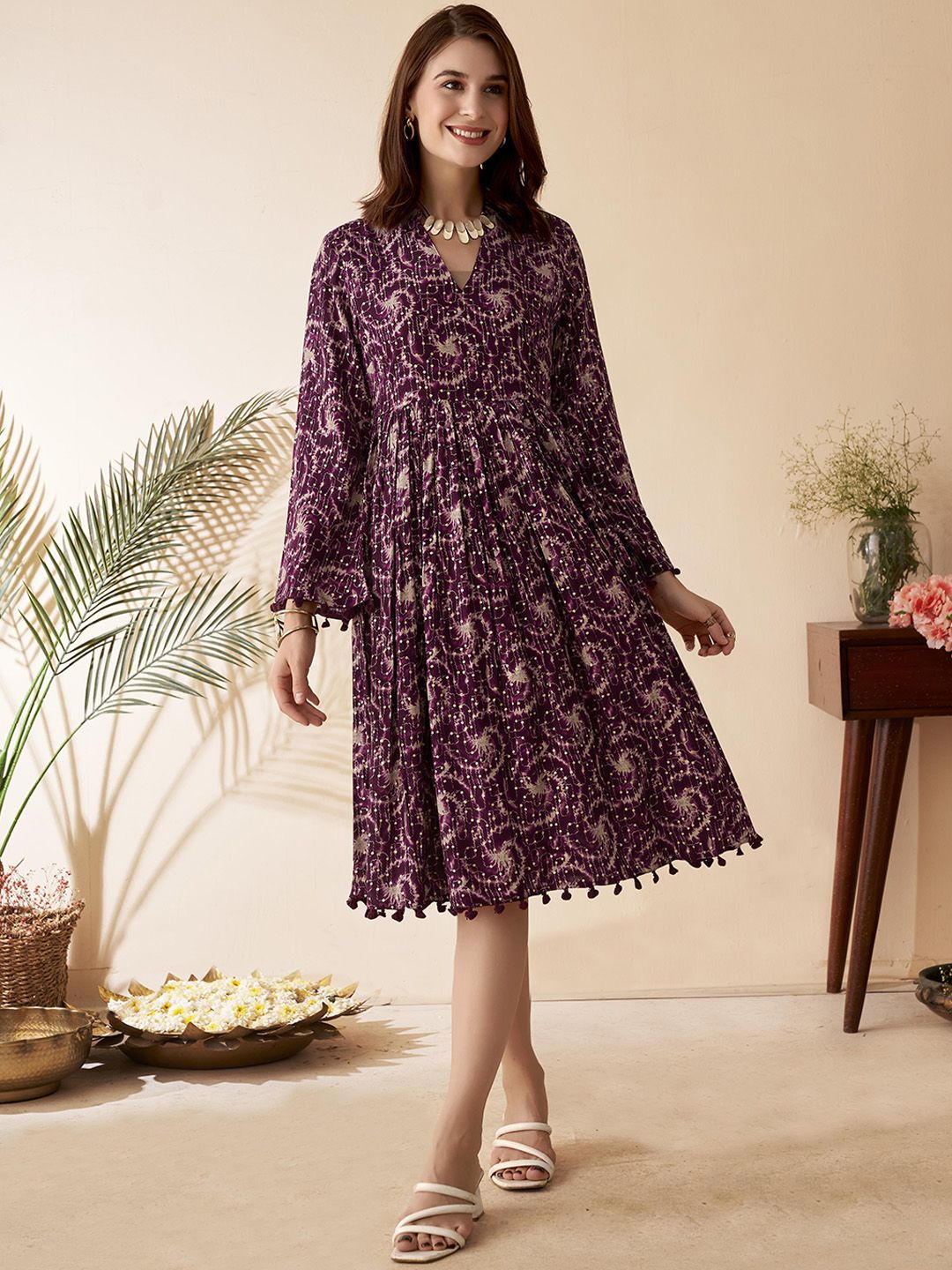 Dhimhi Women's Abstract Midi Tassel Ethnic Dress