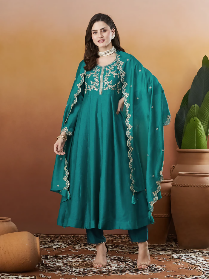 Dhimhi women's Vichitra silk kurta set with embroidered flared Anarkali pants and matching dupatta, elegant traditional attire
