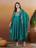 Dhimhi women's Vichitra silk kurta set with embroidered flared Anarkali pants and matching dupatta, elegant traditional attire