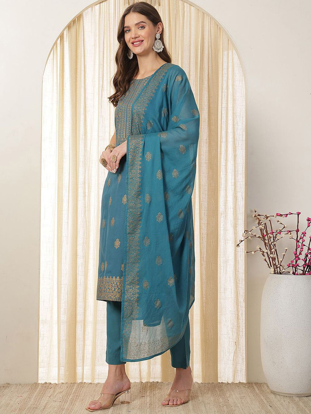 Dhimhi Women's Printed Regular Kurta with Trousers & With Dupatta