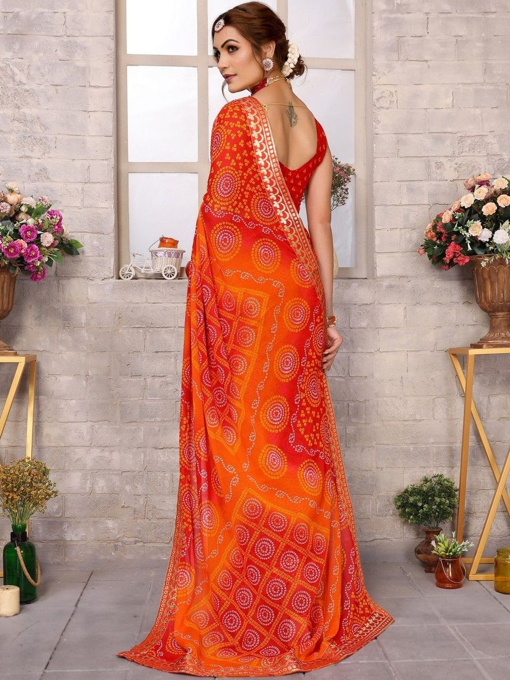 Dhimhi Women's Women Pure Georgette Bandhani Printed Gotta Patti Bandhani Saree