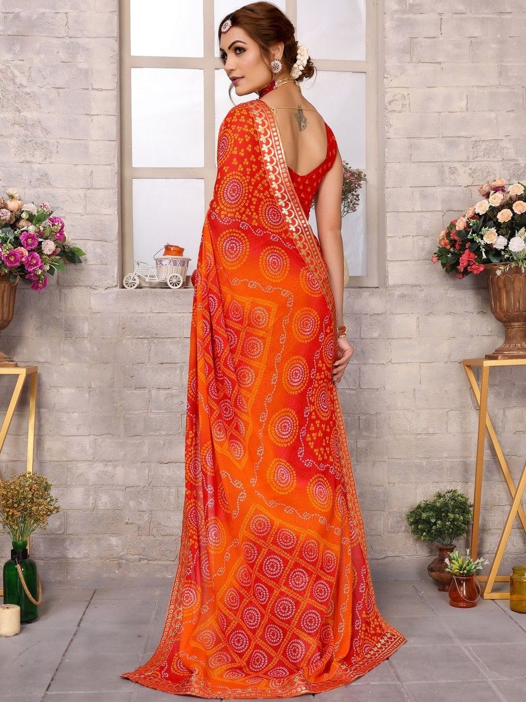 Dhimhi Women's Women Pure Georgette Bandhani Printed Gotta Patti Bandhani Saree