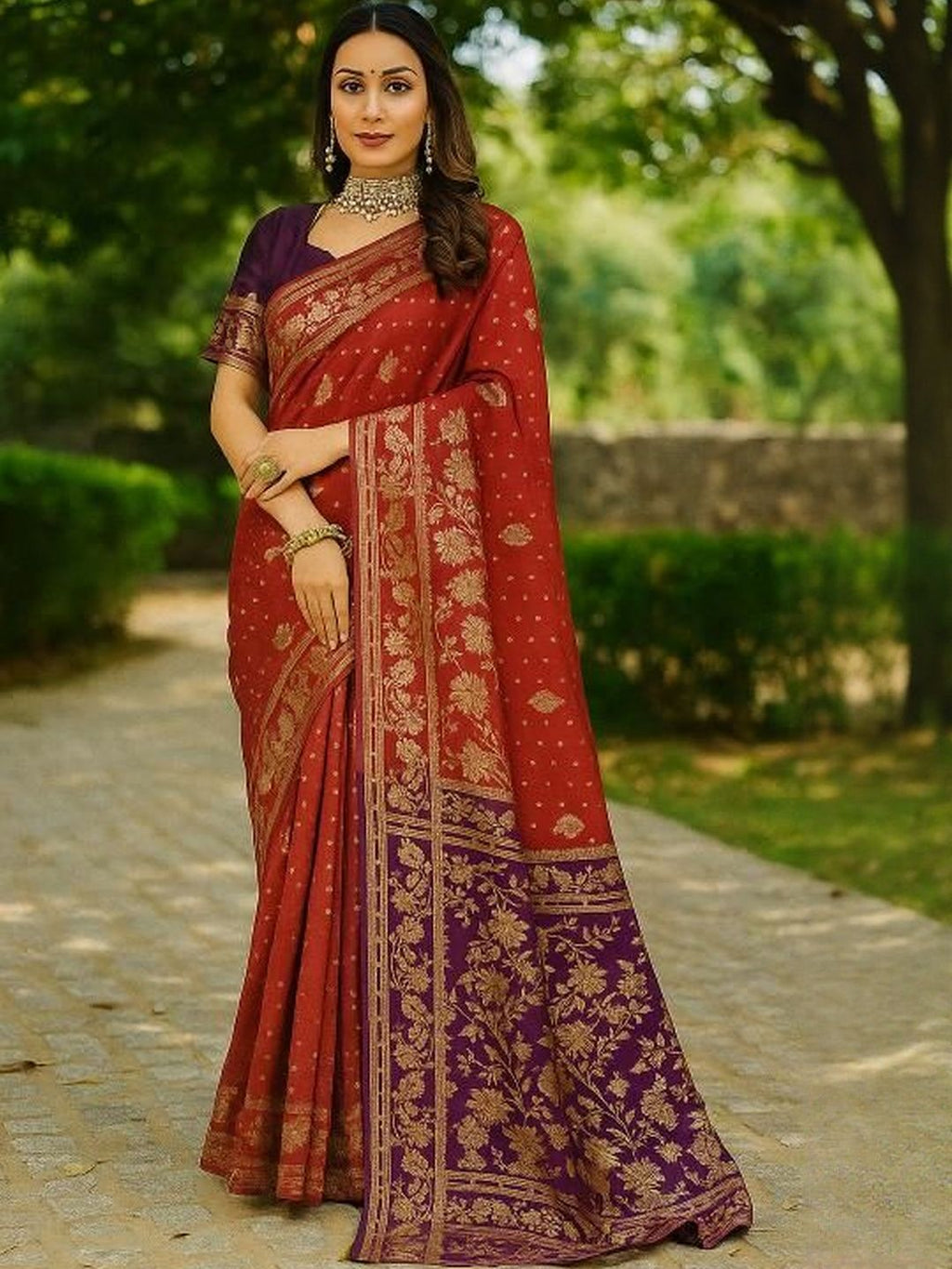 Dhimhi Women's Maroon Woven Design Silk Cotton Kanjeevaram Sarees