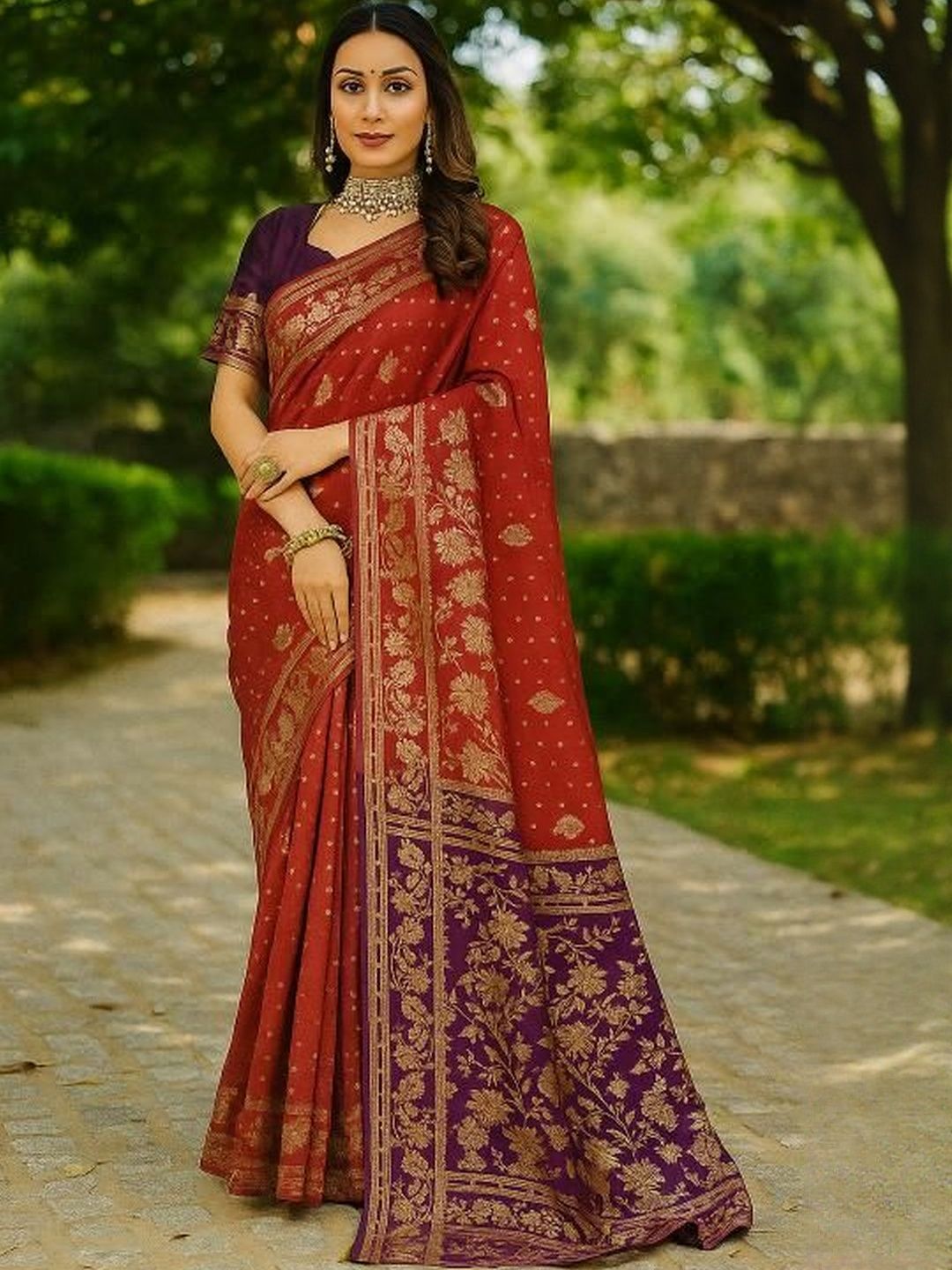 Dhimhi Women's Maroon Woven Design Silk Cotton Kanjeevaram Sarees