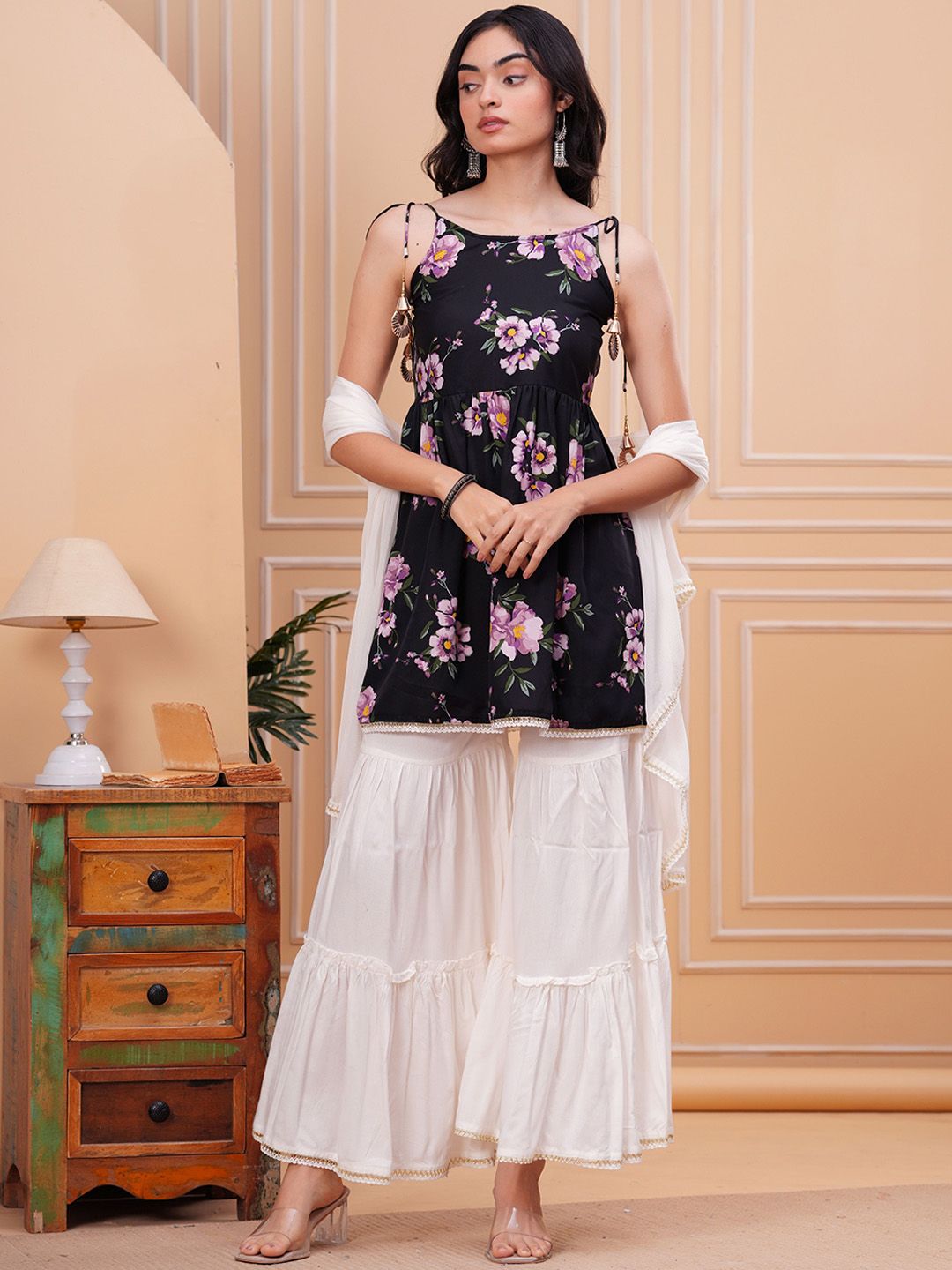 Dhimhi Women's Floral Printed Sleeveless Straight Kurta With Sharara And Dupatta
