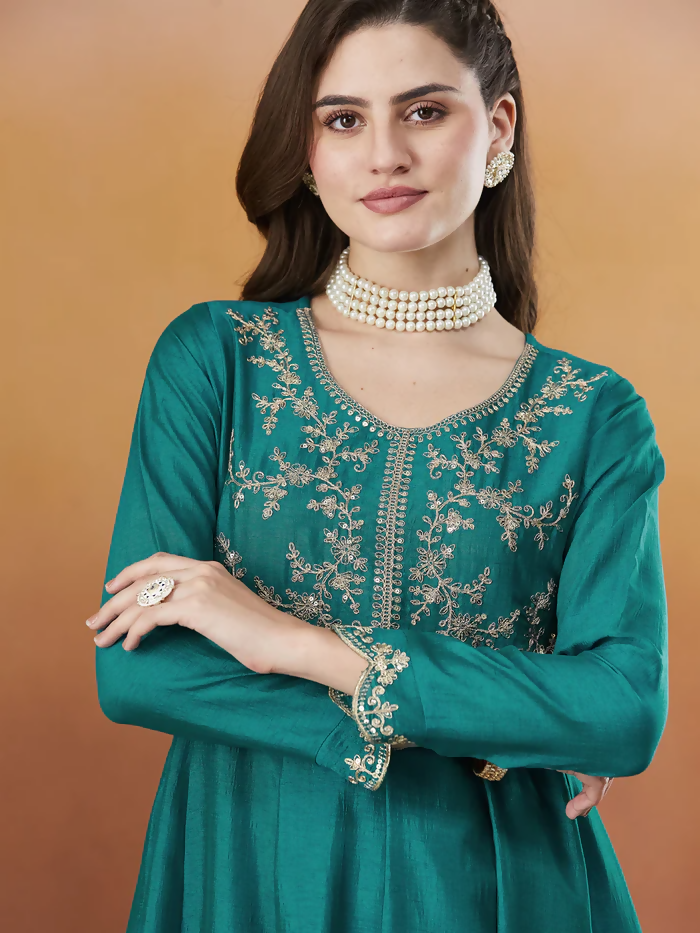 Dhimhi Women's Vichitra Silk Kurta Set with embroidered flared Anarkali pants and matching dupatta, featuring intricate design details.