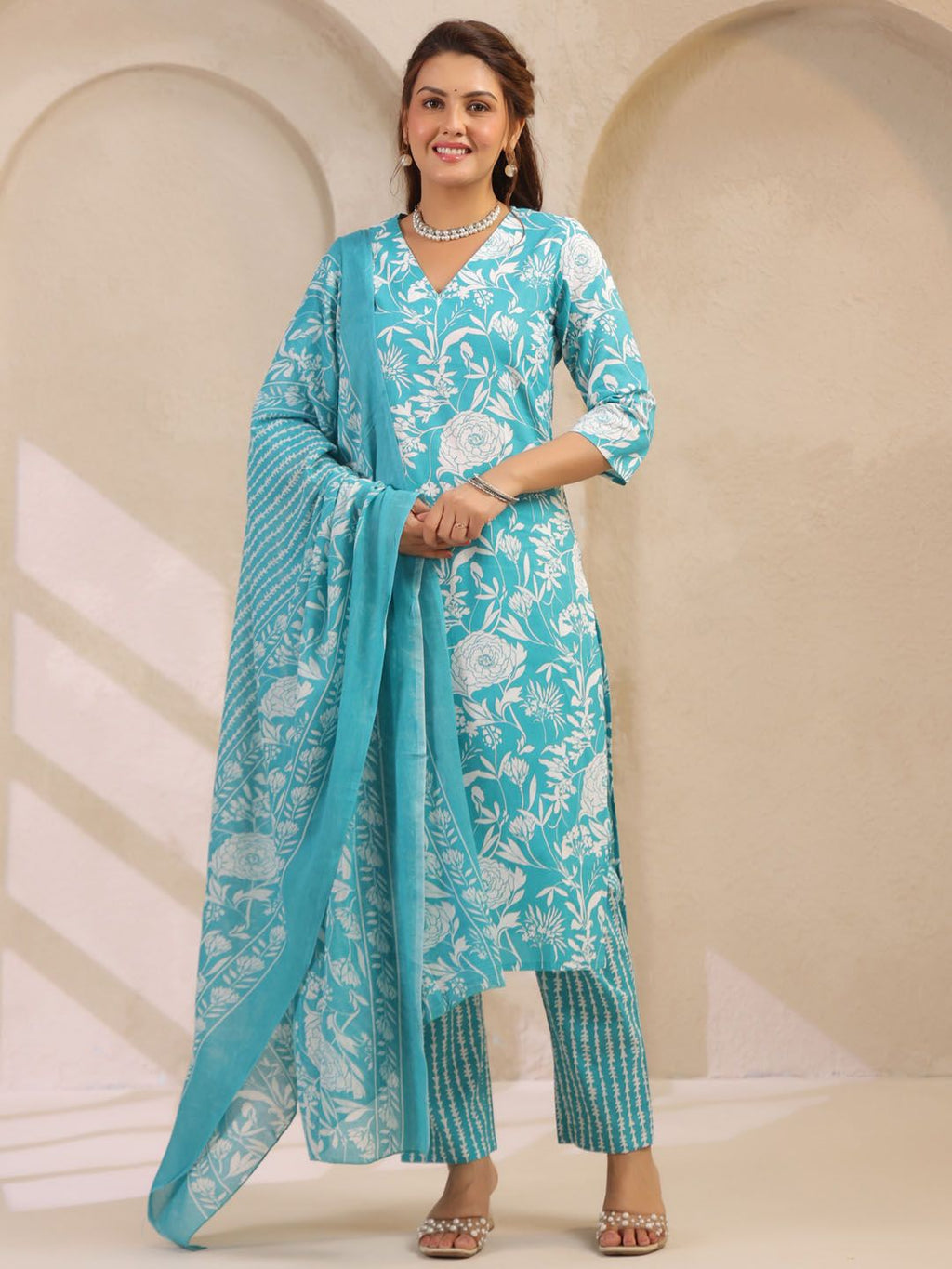 Dhimhi Women's Floral Printed Cotton Kurta with Trousers & Dupatta
