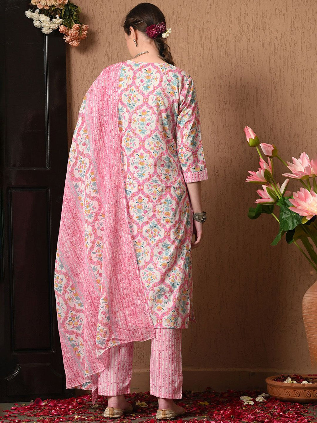Dhimhi women's floral printed cotton kurta set with matching trousers and dupatta, featuring vibrant floral patterns on pure cotton fabric.