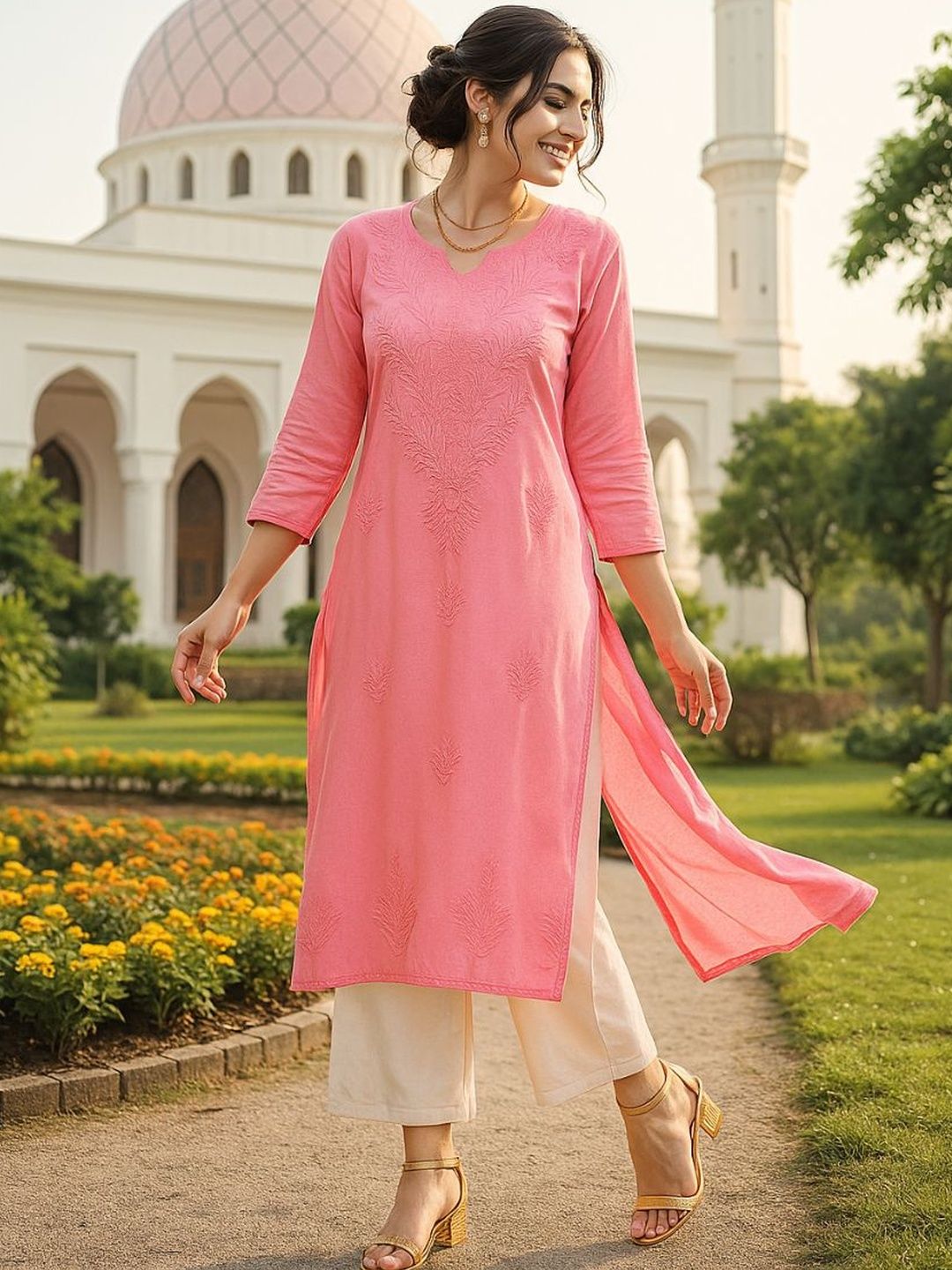 Women Pink Embroidered Straight Kurtas