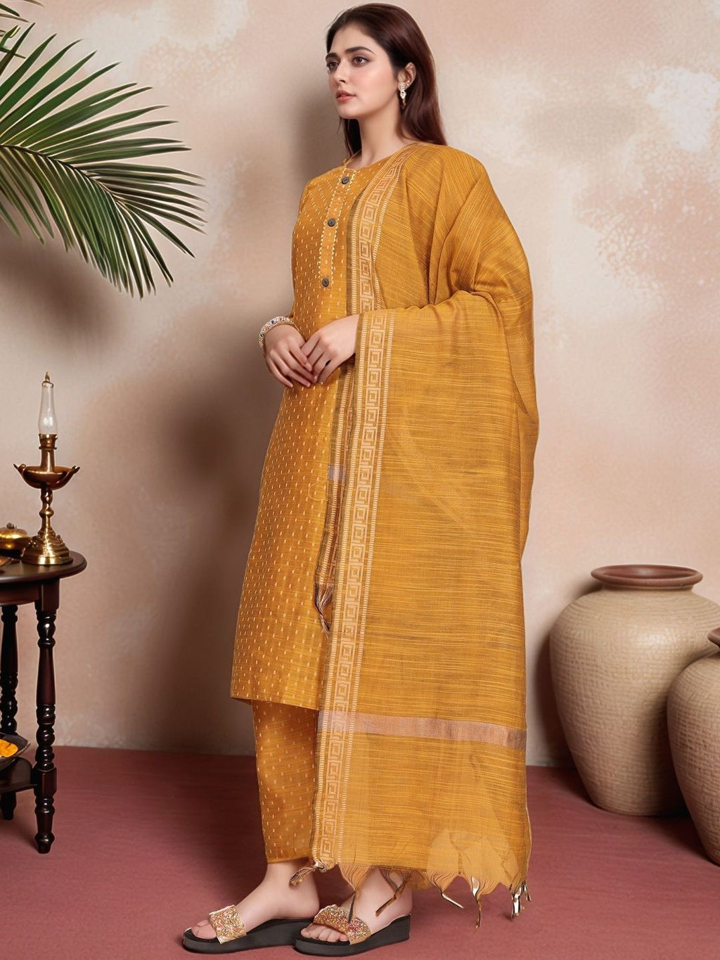 Dhimhi Women's Ethnic Motifs Printed Regular Kurta with Trousers & With Dupatta