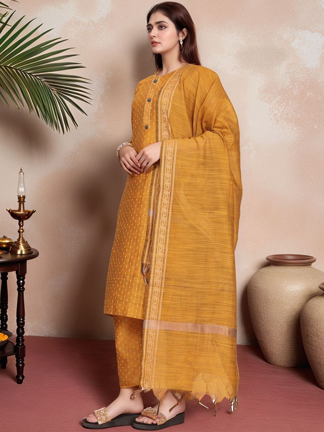 Dhimhi Women's Ethnic Motifs Printed Regular Kurta with Trousers & With Dupatta