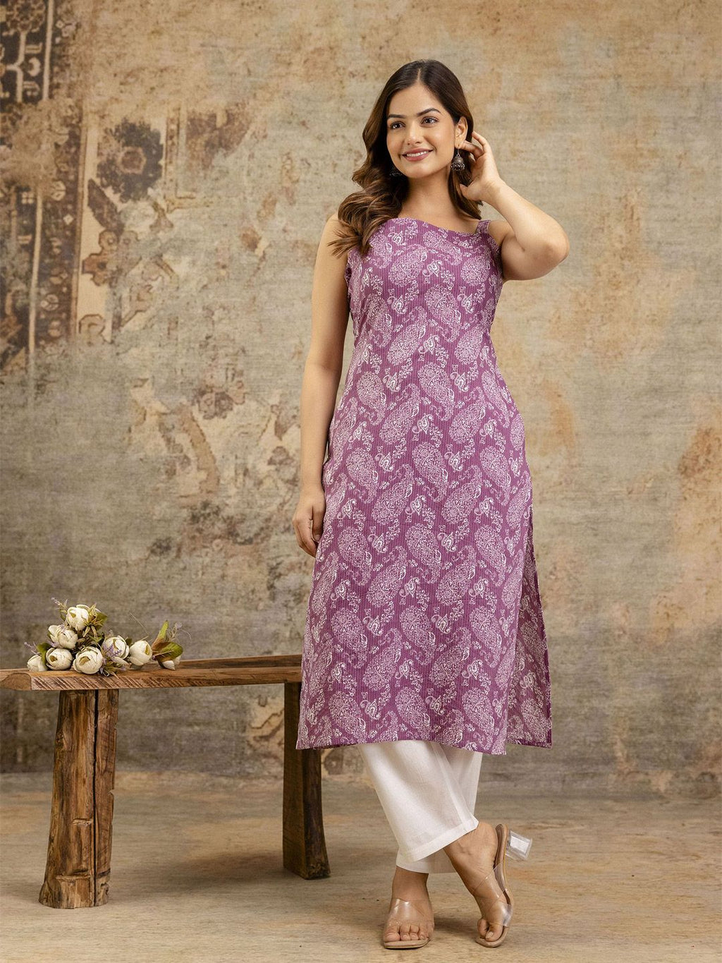 Paisley Printed Square Neck Cotton Straight Kurta