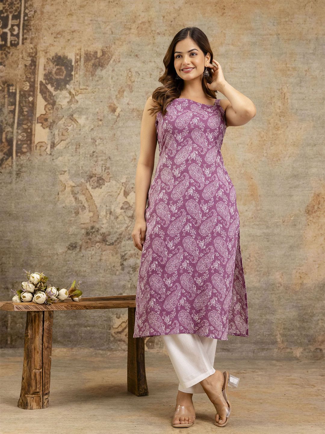 Paisley Printed Square Neck Cotton Straight Kurta