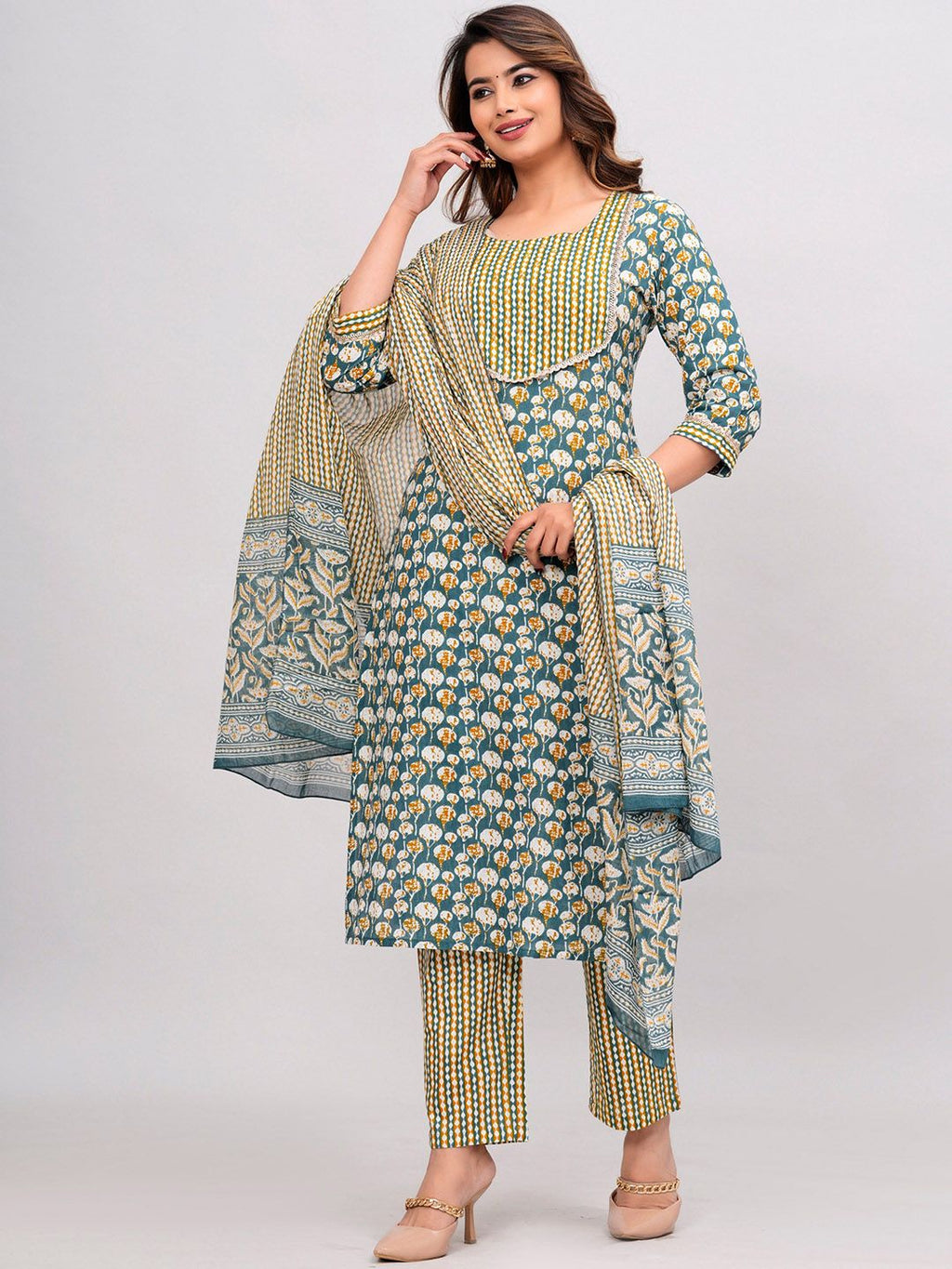 Dhimhi Women Abstract Printed Cotton Kurta with Trousers & Dupatta