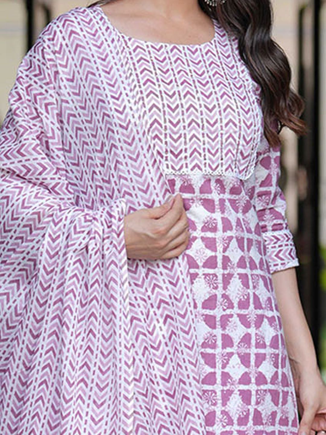 Dhimhi Women's Geometric Printed Pure Cotton Straight Kurta with Salwar & Dupatta