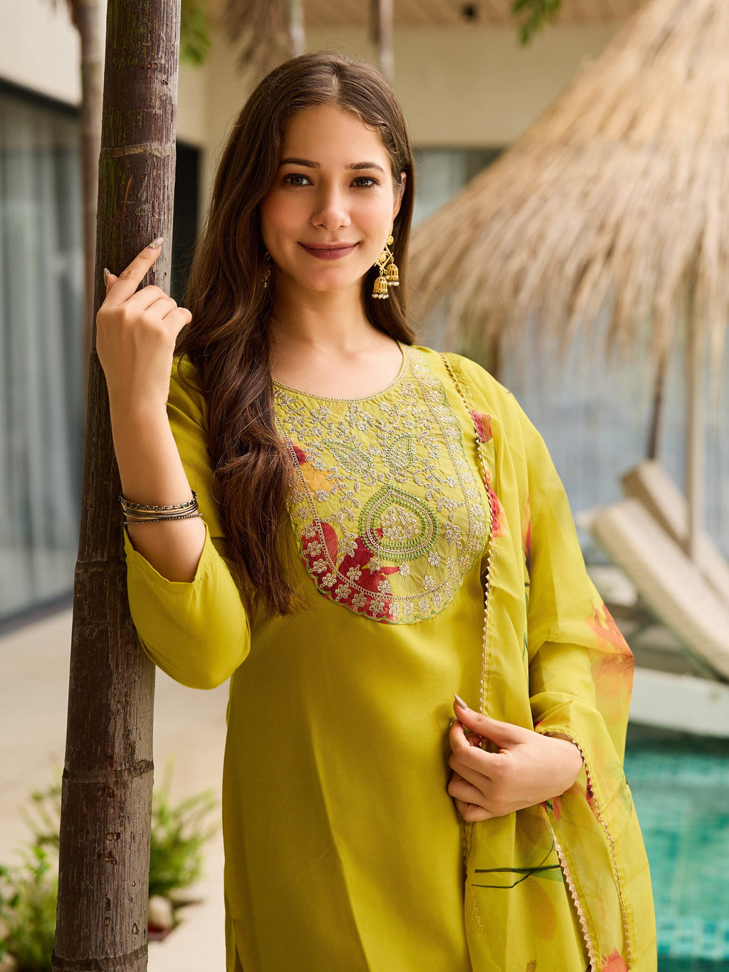 Dhimhi Women's Women Embroidered Rayon Fabric Straight Kurta, Pant and Dupatta Set