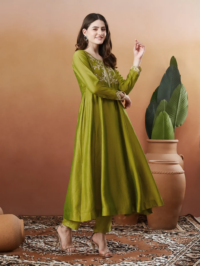 Dhimhi Women's Light Green Women's Beautiful Vichitra Silk Fabric Embroidered Work Flared Anarkali Pant and Dupatta Set
