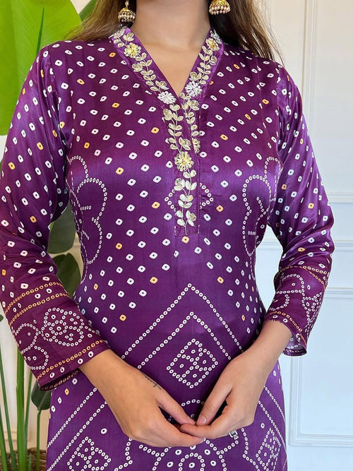Dhimhi Women Bandhani Embroidered Straight Kurta Trousers & Dupatta