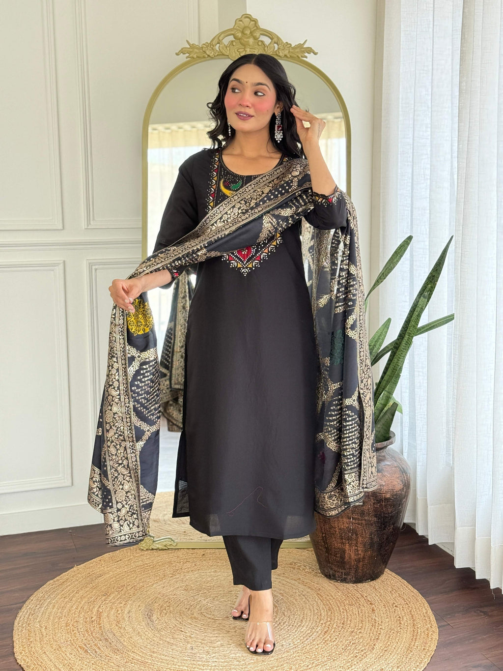 Dhimhi Women's Women Gorgeous Roman Silk Fabric Straight Kurta, Pant and Dupatta Set