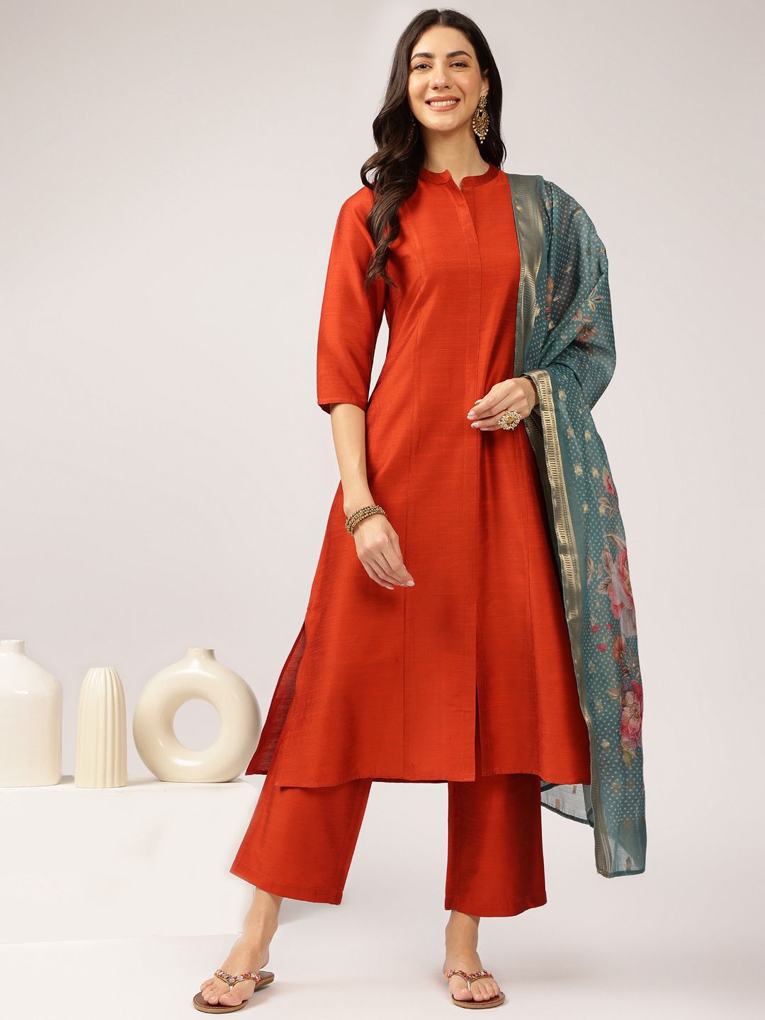 Dhimhi Women's Rust Mandarin Collar Straight Kurta with Palazzo and Dupatta