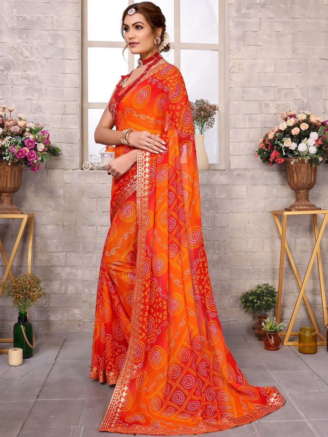 Dhimhi Women's Women Pure Georgette Bandhani Printed Gotta Patti Bandhani Saree