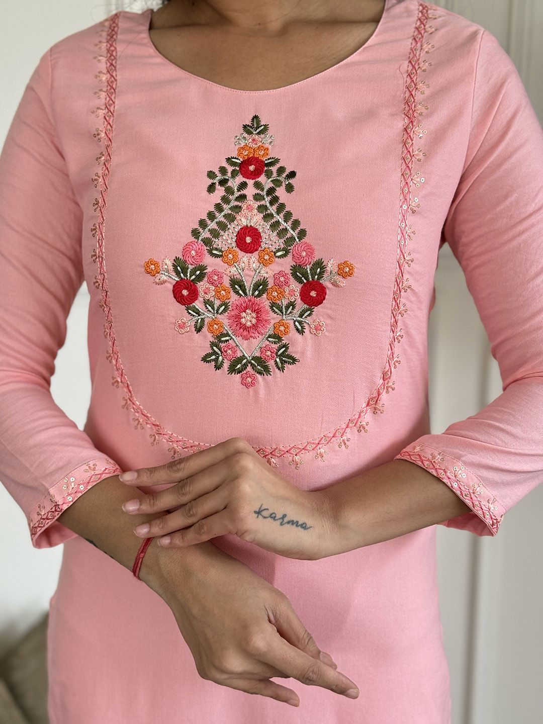 Dhimhi Women's Floral Embroidered Round Neck Straight Kurta With Trousers And Dupatta