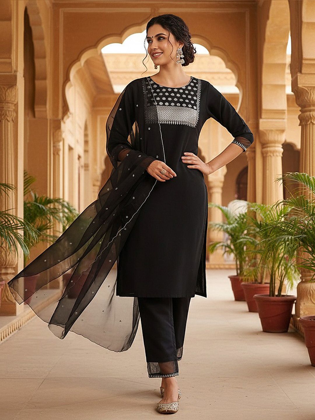 Dhimhi Women's Ethnic Motifs Yoke Design Regular Sequinned Kurta with Trousers & With Dupatta