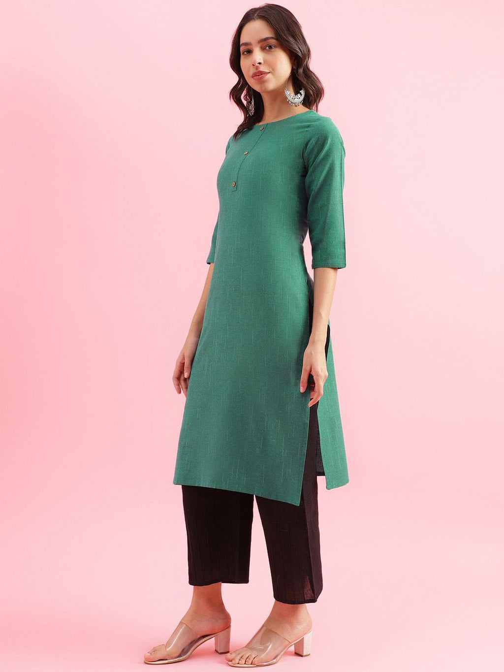 Woven Design Round Neck Straight Kurta