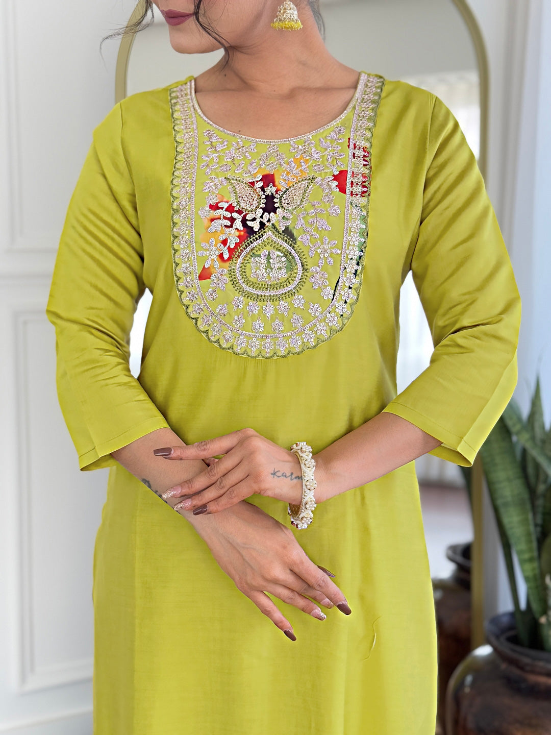 Dhimhi Women's Liril Embroidered Rayon Fabric Straight Kurta, Pant and Dupatta Set