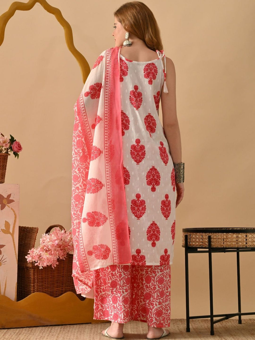 Dhimhi Women's White & Pink Pure Cotton Floral Printed Kurta Set With Palazzos & Dupatta