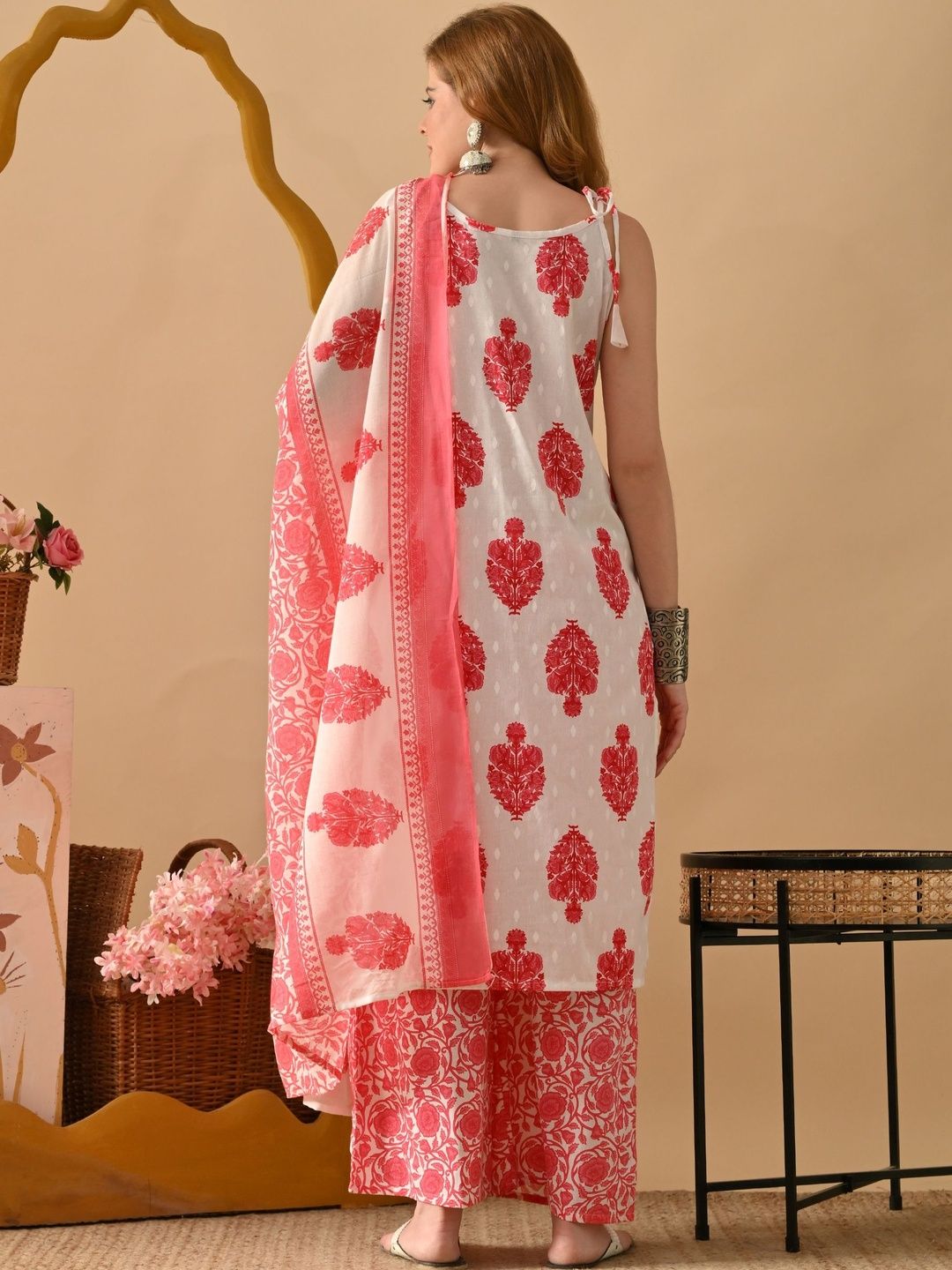 Dhimhi Women's White & Pink Pure Cotton Floral Printed Kurta Set With Palazzos & Dupatta